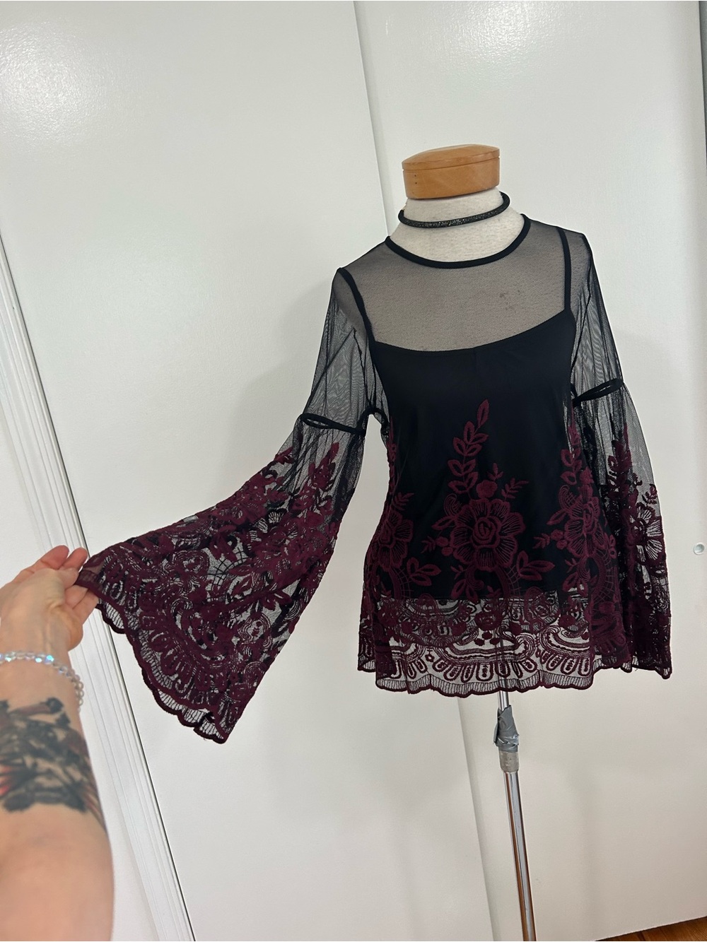 Sexy Sheer With Bohemian Floral Embroidery Bell Sleeves With Black Cami Top